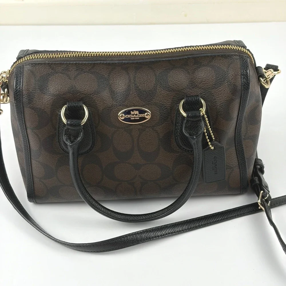 Coach Signature Brown Black Satchel Crossbody Bag Matching Wallet Gold Hardware